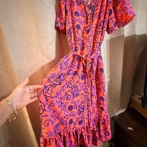 Pink Floral Tie-Waist Maxi Dress with Purple Print